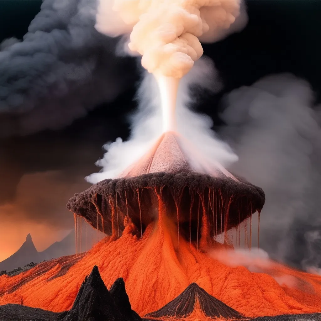 Prompt: literal volcano pouring out science fair ash smoke-settling and hazy molten drips, no text or GUI  aliens mole men