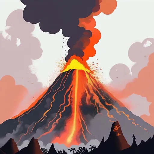Prompt:  literal volcano pouring out science fair ash smoke-settling and hazy molten drips dinosaurs and spacemen, no text or GUI 