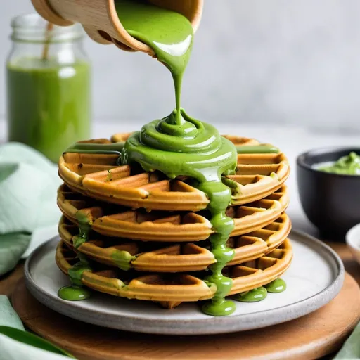 Prompt: matcha spread flowing down a stack of pandan waffles
