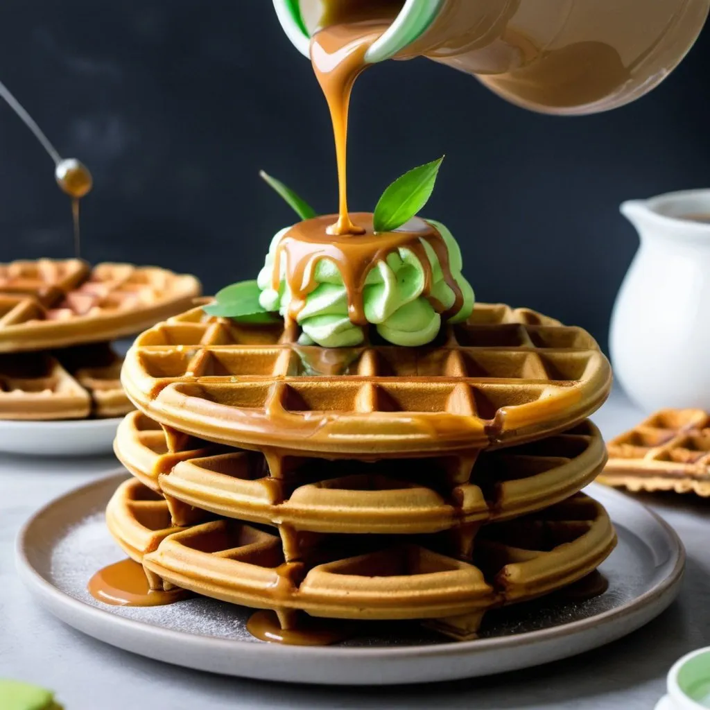 Prompt: earl grey dulce de leche flowing down a stack of pandan waffles
