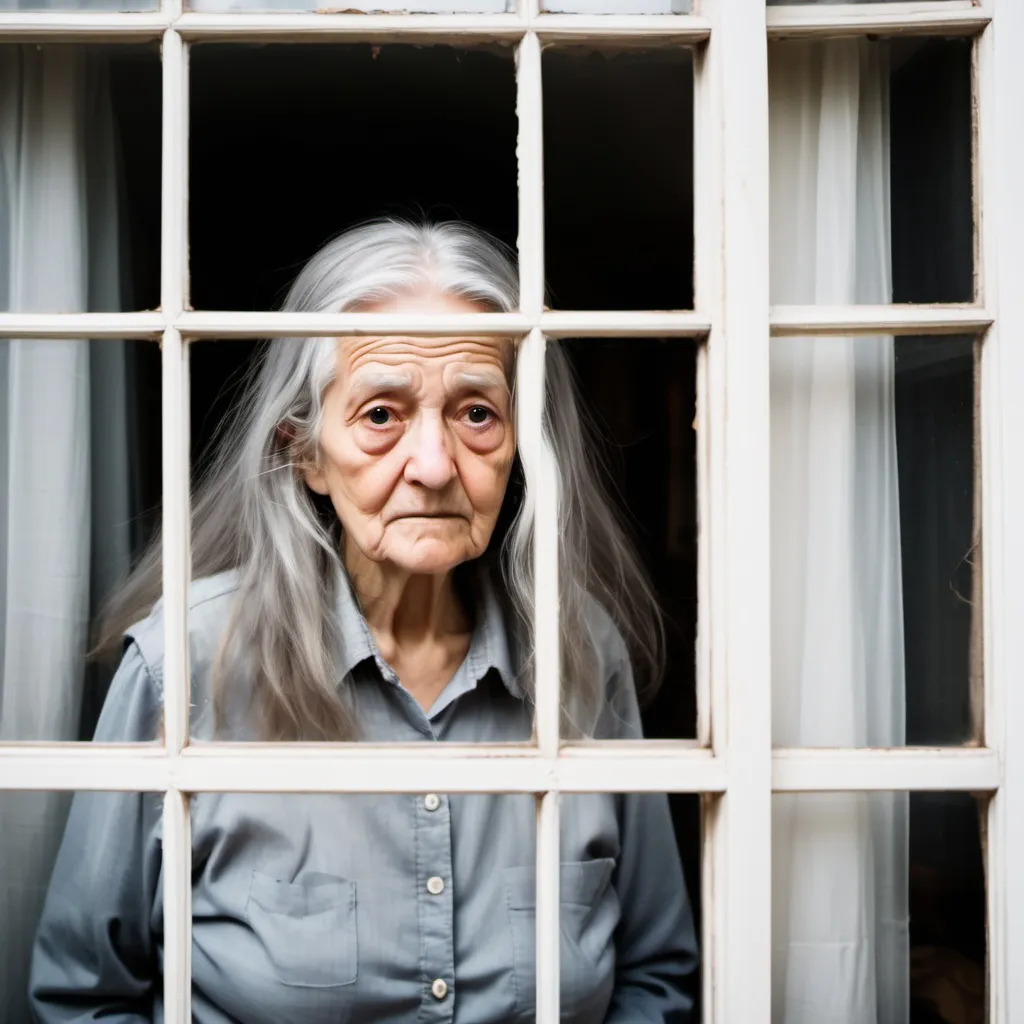 Prompt: make me a blurry picture of an old woman with long gray hair staring from inside her big house that looks dirty in the window