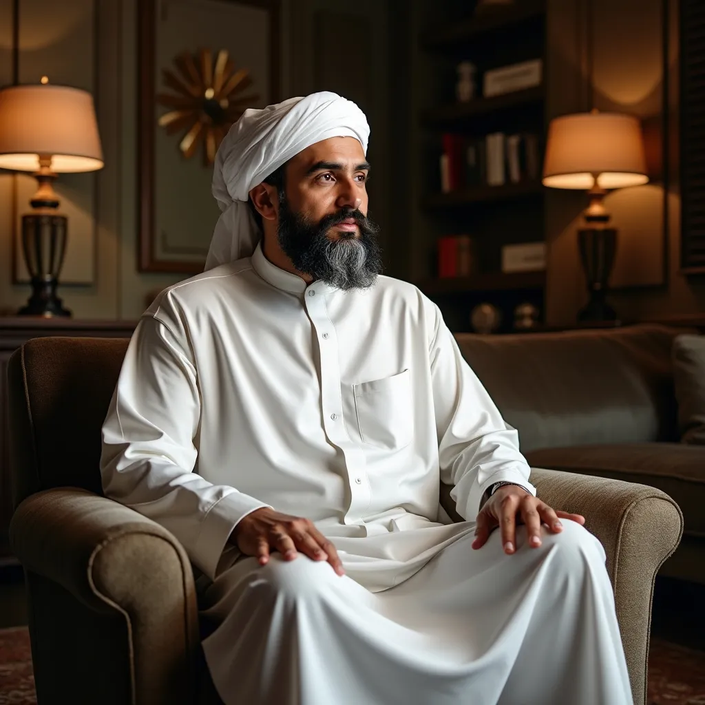 Prompt: A american Muslim Scholar Is sitting on the sofa in his luxury room studio and speech on the front of camera. he is wearing a white shalwar qameez and he should be good looking, handsome. generate image in hight quality clear face 