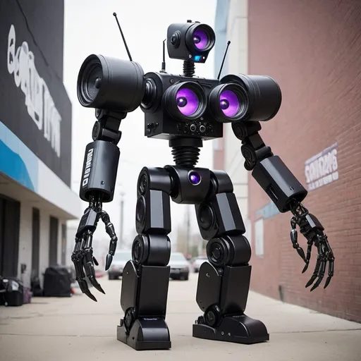 Prompt: SPEAKERMAN titan  has a core with 2 speakers has black pants and shoes and black gluffs is a robot 280 ft tall with titan tvman 300 ft tall. Has all black clothes and has a purple core has 2 claws. Has 2 arm Hooks. On both arms  and titan
Cameraman has a blue core all black clothes with a white camera has 2 large camera heads on the face and.240 ft tall  has black gluffs and all not human  all has speaker for a head camera for a head and a tv for the head 