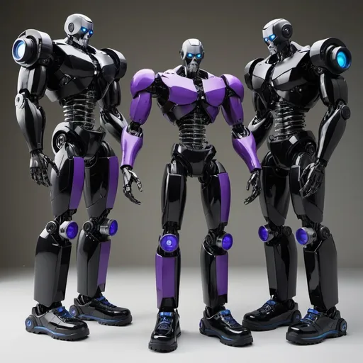 Prompt: SPEAKERMAN titan  has a core with 2 speakers has black pants and shoes and black gluffs is a robot 280 ft tall with titan tvman 300 ft tall. Has all black clothes and has a purple core has 2 claws. Has 2 arm Hooks. On both arms  and titan
Cameraman has a blue core all black clothes with a white camera has 2 large camera heads on the face and.240 ft tall  has black gluffs and all not human 