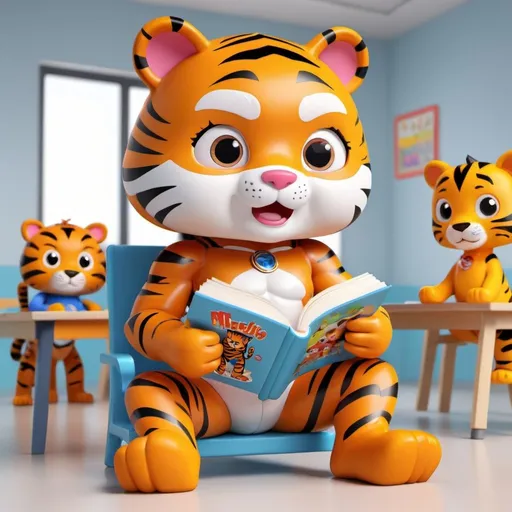 Prompt: <mymodel> a 3d render of kawaii superhero with a toy tiger reading a children story to kindergarten in a class