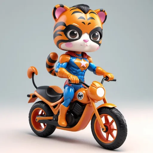 Prompt: <mymodel> a 3d render of kawaii superhero with a toy tiger riding a kids bike