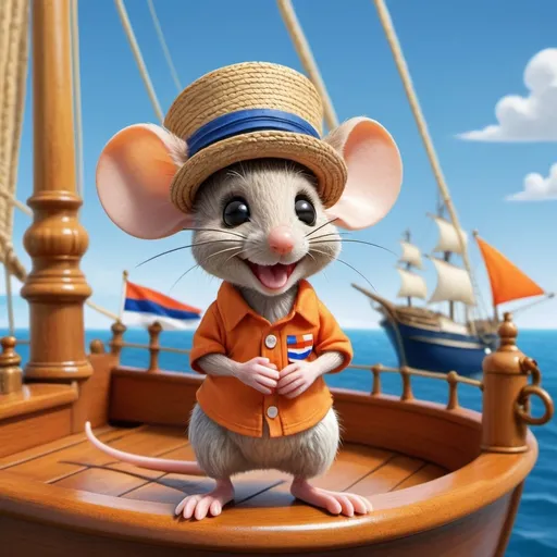 Prompt: A cute mouse, standing on board of a sailing ship,  her palms together, smiles and bows, she is painted in the colors of the dutch flag, wears a straw hat and an orange shirt