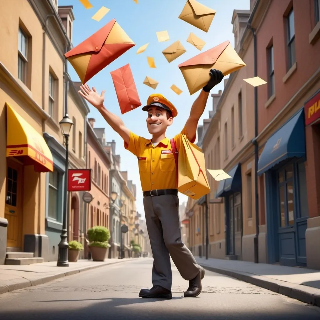 Prompt: Disney pixar style. A postman in dhl uniform walks along the street and throws envelopes high in the air