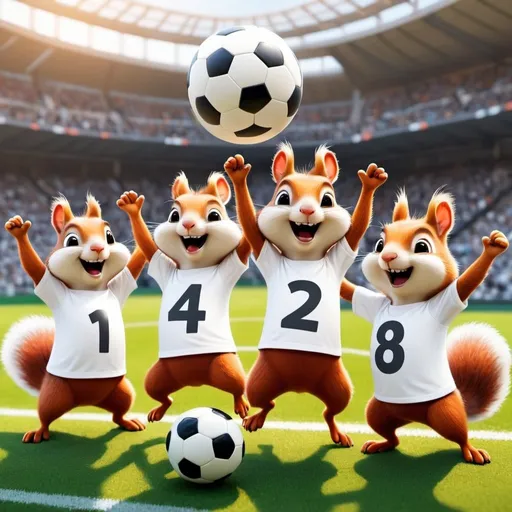 Prompt: Thrree cute squirrels in white shirts with big black numbers printed on are playong soccer. One is shopting a goal, cheers and jumps high in the air. All pixar style