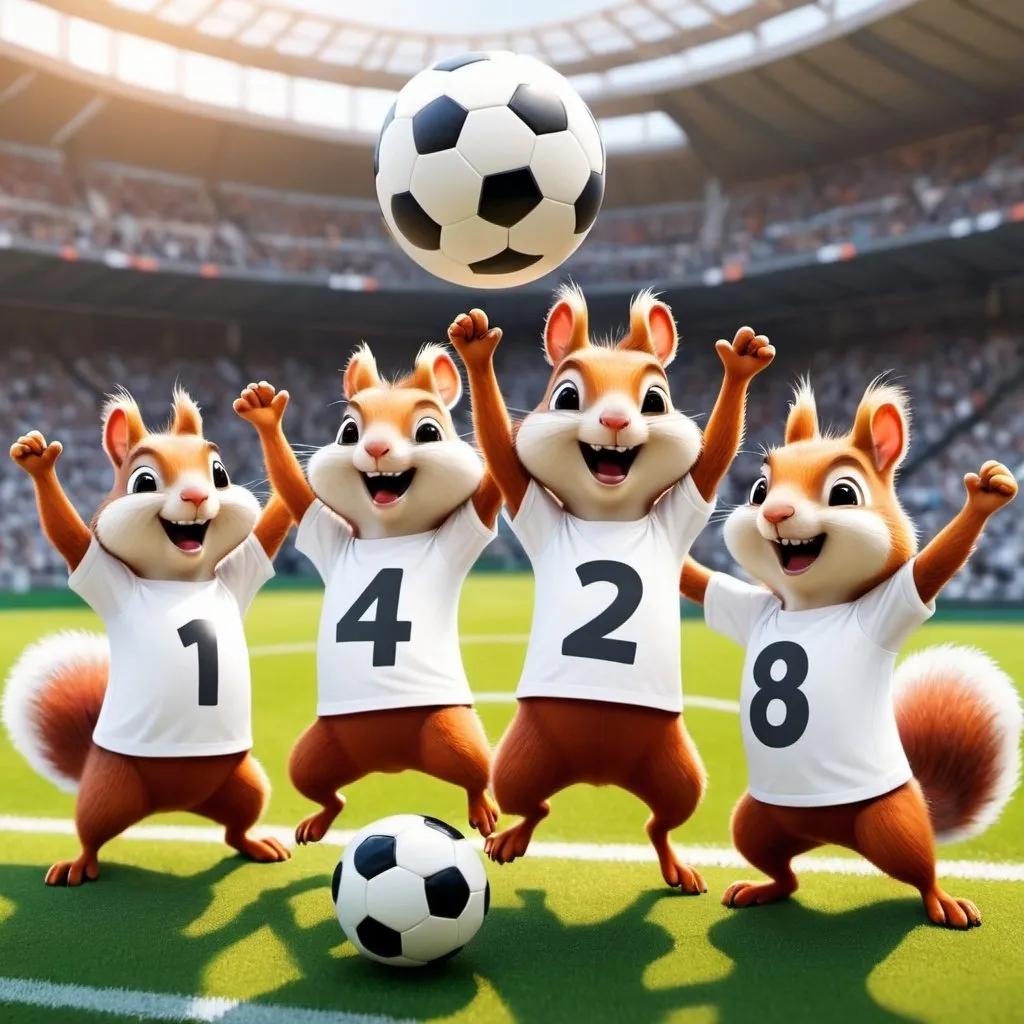 Prompt: Thrree cute squirrels in white shirts with big black numbers printed on are playong soccer. One is shopting a goal, cheers and jumps high in the air. All pixar style