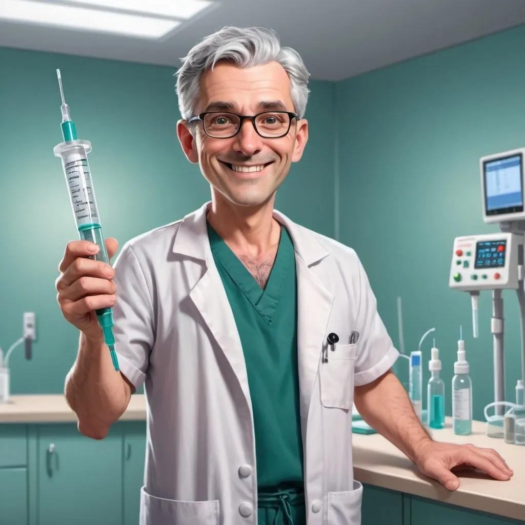 Prompt: Cartoon style. An anaesthetist with short grey hair is standing in an operating theatre, holding a large syringe in his left hand and smiling somewhat diabolically