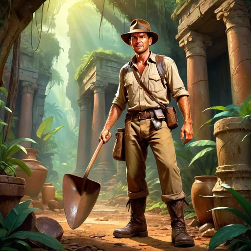 Prompt: Disneystyle indiana jones wears enormous boots, in his left hand he holds old pottery shards, in his right a shovel.  