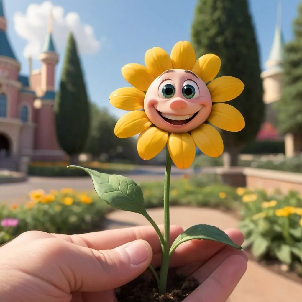 Prompt: A smiling flower disney pixar style gives a friendly wave