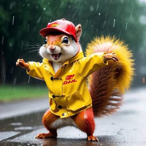Prompt: A cute little squirrel wears a dhl coat and dances smiling in the pooring rain. It wears a red cap