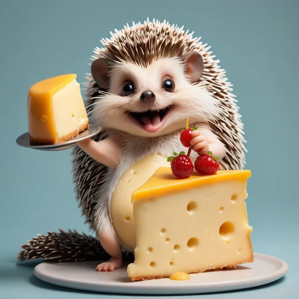 Prompt: A hedgehog baker sitsvon a big piece of cheese cake and cheers