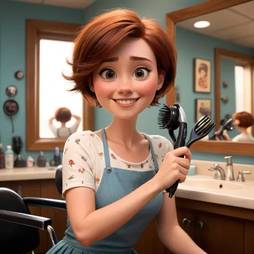 Prompt: All pixar style. A lady ist at the hairdressser. He cheers and gives her a nice short hair cut