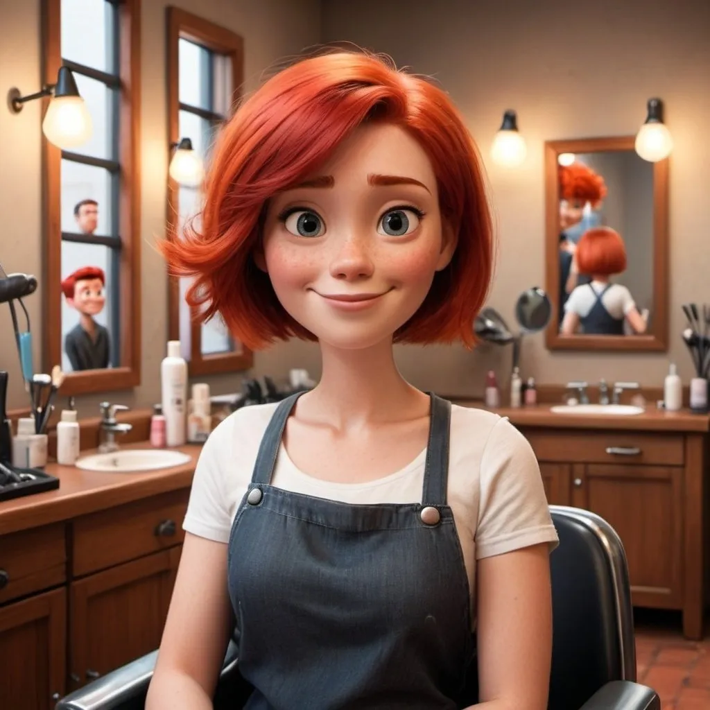 Prompt: All pixar style. A lady iwith red hair is at the hairdressser. He cheers and gives her a nice short hair cut