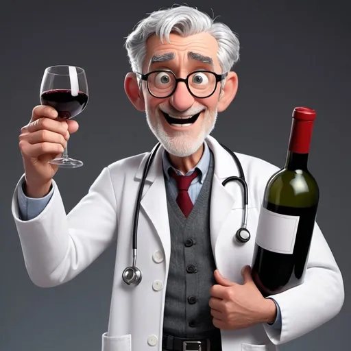 Prompt: A grey haired doctor in a white coat cheers and holds a bottle of red wine in every hand. All pixar style