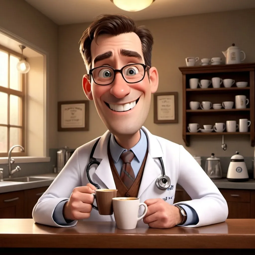 Prompt: A doctor offers a coffee, smiles and says "Good morning!" All pixar style 