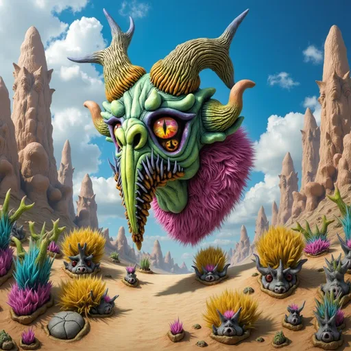 Prompt: strange ram looking creature on a alien planet, colorful, plant life, trippy, building