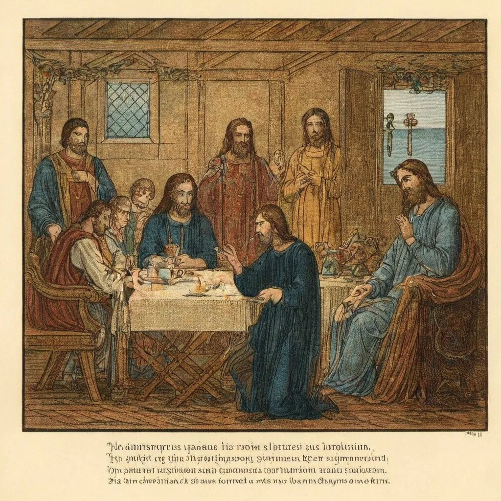 Prompt: "The scene is set in a large, dimly lit room with high ceilings and arched windows. A long wooden table stretches across the center, covered with a white tablecloth. Thirteen men are seated around the table, their expressions a mix of shock, confusion, and sorrow. In the center sits a serene figure with long hair and a beard, his hands outstretched, as if delivering a solemn message. This is Jesus Christ. To his left and right, his twelve disciples are grouped in clusters of three, each reacting differently to his words. The room is illuminated by soft, natural light streaming in from the windows, casting subtle shadows on the walls. The background features intricate architectural details, including tapestries and decorative elements. The atmosphere is tense and dramatic, capturing the moment Jesus reveals that one of his disciples will betray him. The painting's composition is balanced, with Christ as the focal point, and the use of perspective draws the viewer's eye toward him."

This description can be used to guide an AI image generator to create a visual interpretation of The Last Supper.

