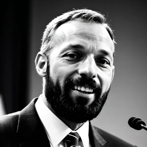 Prompt: A photorealistic image of a seasoned politician with gray hair and a serious expression, standing at a podium on a brightly lit stage. He is gesturing emphatically, making a point during a presidential debate. The politician is wearing a dark suit and red tie. Behind him, a large audience sits, blurred and dimly lit. American flags hang on either side of the stage. Focus on the politician's passionate delivery and emotional intensity.