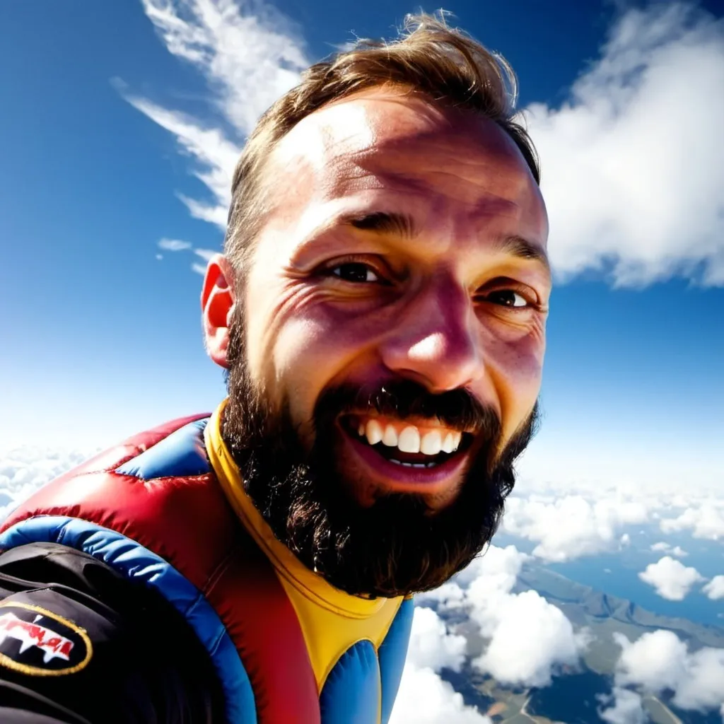 Prompt: A hyper-realistic image of a man in a colorful skydiving suit (red, blue, or yellow) freefalling through a clear blue sky. His face is exhilarated, mouth wide open in a shout. Arms and legs are spread wide. A parachute billows out above him, but not fully deployed. In the distance, a breathtaking mountain range with snow-capped peaks. White, fluffy clouds are scattered throughout the sky. Include other skydivers in the background at various distances to create a sense of community.