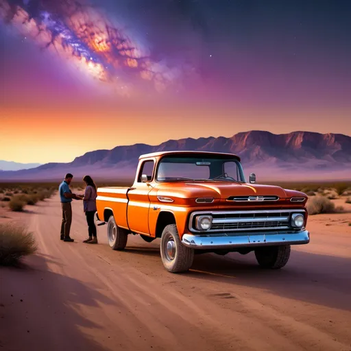 Prompt: A weathered 1962 Chevy truck parked on a desolate desert road at sunset. Two people, a man and a woman, are standing beside the truck, working on a flat tire. The sky is a vibrant gradient of orange and purple, with the Milky Way visible in the distance. The desert landscape is vast and empty, with mountains in the background.