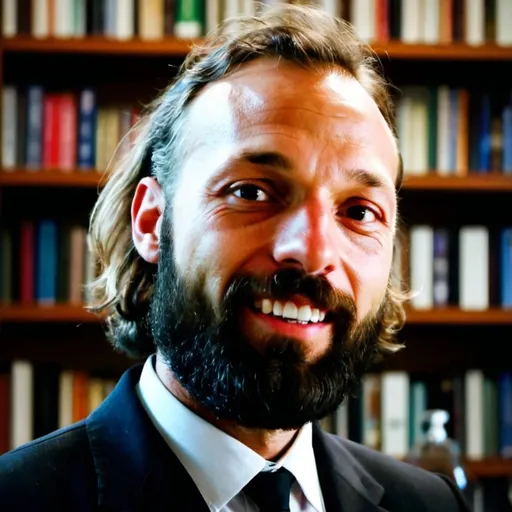 Prompt: A professional headshot of a man, not smiling and very serious. He wears a lab coat over a dark suit and tie. His hair is wild and messy, reminiscent of Einstein. The background shows a bookshelf with quirky props behind him.