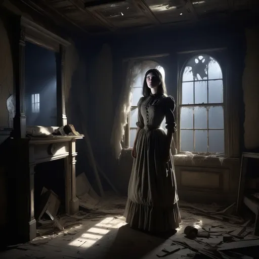 Prompt: A young woman with dark hair stands in the dusty attic of a decaying Southern mansion, moonlight streaming through a broken window. A spectral figure of a Confederate soldier stands in the shadows opposite her, their eyes meeting. The attic is filled with cobwebs, broken furniture, and forgotten belongings. The style is Gothic horror with a touch of realism. 1867.