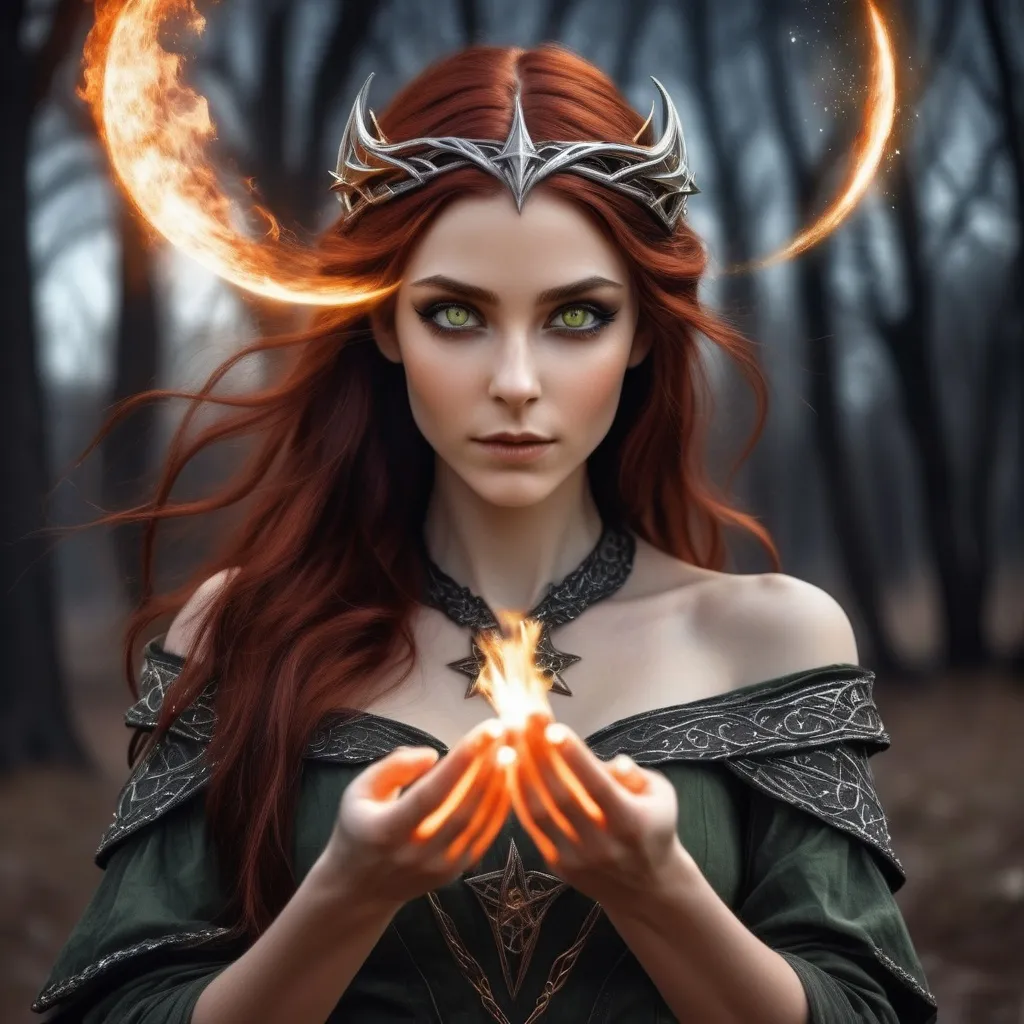 Prompt: Elven women moving fire telepathically with her hands. Olive Green eyes. Auburn hair.  Gothic themed. Stars and moon in sky behind her. 
Add a dark elven prince that has black hair and steel gray eyes. 