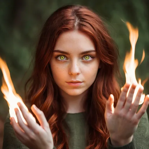 Prompt: Young women moving fire telepathically with her hands. Olive Green eyes. Auburn hair.  