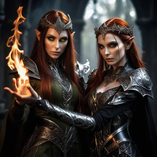 Prompt: Elven women manipulating fire telepathically with her hands, captivating olive green eyes, flowing auburn hair, gothic themed attire, dark and mystical ambiance, powerful energy radiating from her gestures, alongside a dark elven king with jet black hair, piercing steel gray eyes, dressed in ornate gothic armor, dramatic shadows and ethereal lighting, ultra-detailed, enchanting atmosphere.