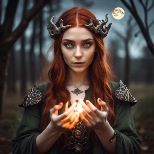 Prompt: Elven women moving fire telepathically with her hands. Olive Green eyes. Auburn hair.  Gothic themed. Stars and moon in sky behind her. Mushroom ring in the background 