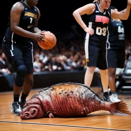 Prompt: guilllotine decapitation with the head scoring a point in basketball
