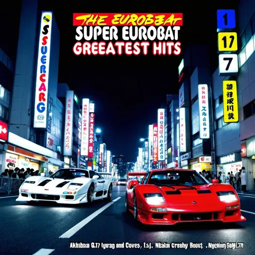 Prompt: Cover art for the album Super Eurobeat greatest hits Vol. 17 featuring race cars in Akihabara at night time