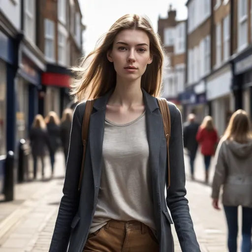 Prompt: Tall young woman walking down the high street, detailed clothing, realistic, natural lighting