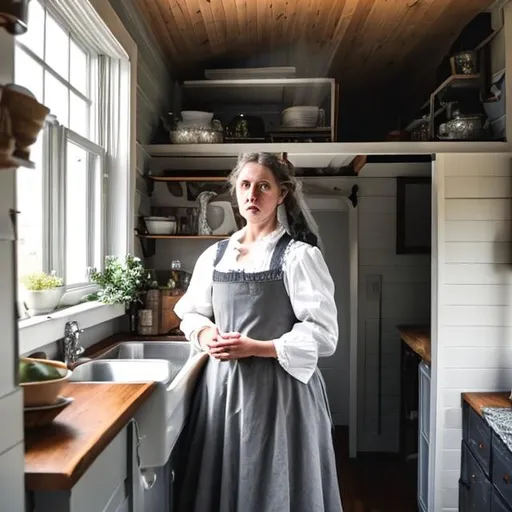 Prompt: a poor victorian woman with a grey dress, and a white apron, in a tiny house