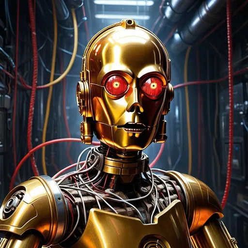 Prompt: (C-3PO character), connected to a data port, intense scene, (frying circuits), red glowing eyes, a sense of tension and chaos in the air, (high-tech environment), dramatic lighting casting shadows, metallic surfaces reflecting light, sparks flying, (highly detailed illustration), sci-fi theme, feelings of technological disaster and urgency, intricate background details of machinery and wires, ultra-detailed, vibrant colors contrasting warm and cool tones.