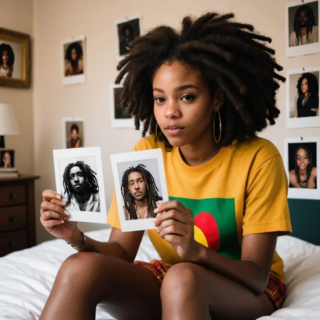 Prompt: a black girl with an afro who looks like the reggae artist Khalia, sitting on her bed looking at polaroid images of her love interest who is  black with dread locks.