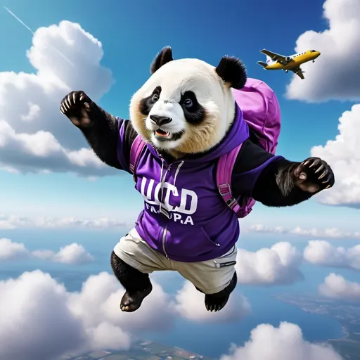 Prompt: (panda in mid-air) prepared to jump from airplane, (parachute panda), 4K, ultra-realistic, professional photograph, (dynamic action shot), panda wearing a purple hoodie with the letters "UCD PA" on the front, “UCD PA” logo displayed prominently on the hoodie, (vibrant colors), skydiving atmosphere, playful and adventurous mood, detailed clouds and blue sky background.