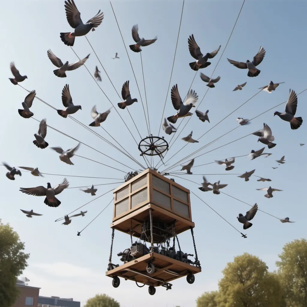 Prompt: A flying machine that is in the air because multiple ropes are attached to pigeons above it, flying machine powered by pigeons on ropes, pigeon helicopter, ultra realistic, pigeon flying machine, 4K, Extremely detailed, Kodak Film, 35mm, Professional Photography, Group of Pigeons lifting a machine.