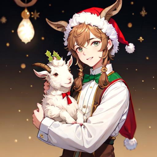 Prompt: Goat boy with light brown hair, Christmas, with non-binary goat