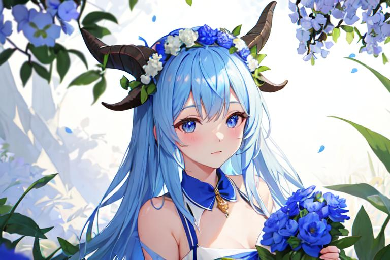 Prompt: goat with blue flower crown