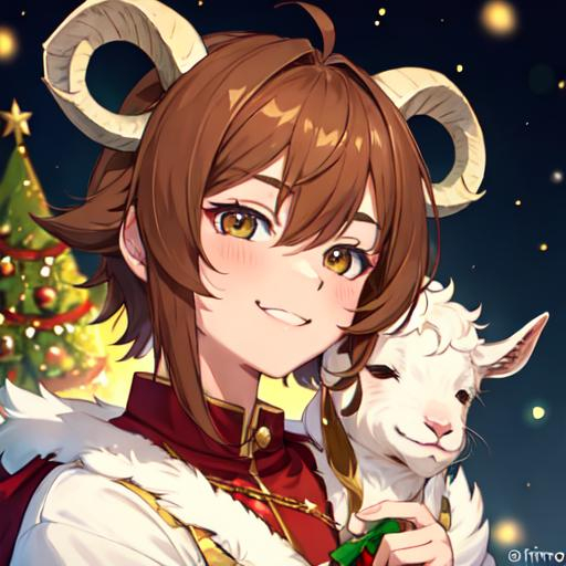 Prompt: Goat boy with light brown hair, Christmas, smug 