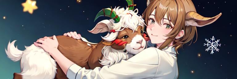 Prompt: light brown hair, goat boy and goat non-binary hugging, Christmas