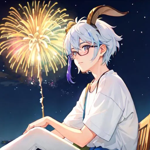 Prompt: Watercolor painting of a non-binary goat person with glasses watching fireworks