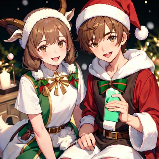 Prompt: Goat boy with light brown hair and non-binary goat, Christmas, smiling
