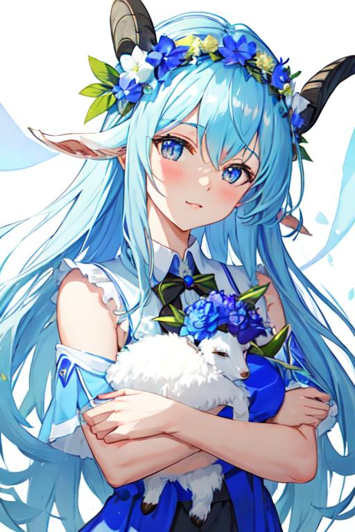 Prompt: goat with blue flower crown