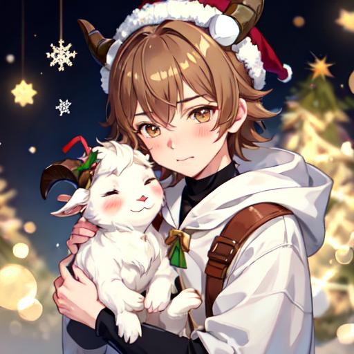 Prompt: Goat boy with light brown hair and non-binary goat, Christmas, cute, blushing